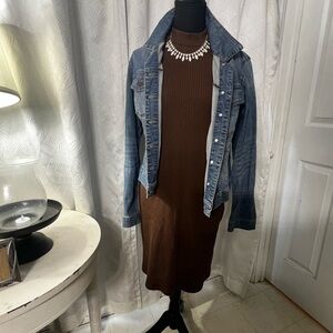 Brown Ribbed Mock-neck Sweater Dress